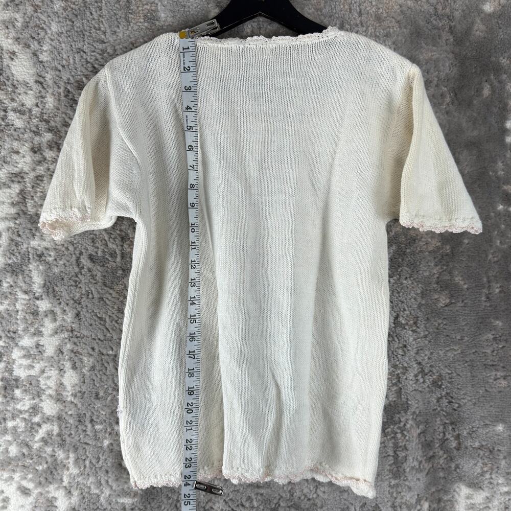Yarnworks Size S Floral Embroidered Knit Top Ivory Short Sleeve Button - Picture 3 of 7